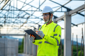 Obraz premium Engineers working and checking about detail of building at construction site.