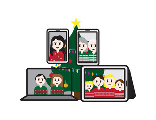 Laptop, Tablet and Smartphones with cartoon characters and Christmas tree