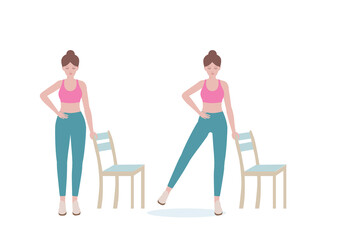Obraz na płótnie Canvas Exercises that can be done at-home using a sturdy chair. Stand adjacent to a chair Lift one leg and keep the other and hold it in that position for 5-10 seconds with Side Leg Raise. Cartoon style.