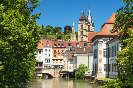 Rossneckarkanal chanel with St. Dionys church, Esslingen, Baden-Wurttemberg