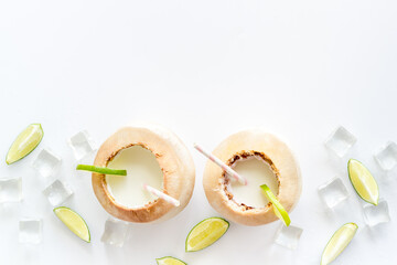 Diet drink - coconut milk with srtaw top view