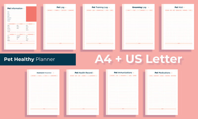 Minimalist pink pet healthy planner pages templates, pet information, medication, immunization,
heartworm prevention, pet visit, pet log, training log, grooming vector paper A4, US Letter,Ai and EPS10