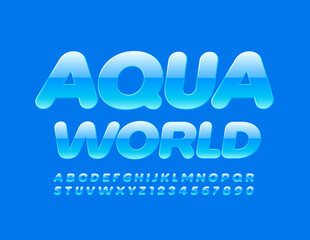 Vector blue emblem Aqua World. Glossy modern Font. Uppercase Alphabet Letters and Numbers set