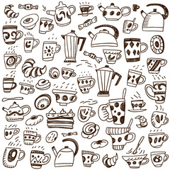 coffee, tea cups and sweets - doodles set