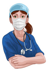 A female doctor or nurse woman medical healthcare professional in scrubs uniform character with arms folded and serious but caring look. Wearing face mask PPE