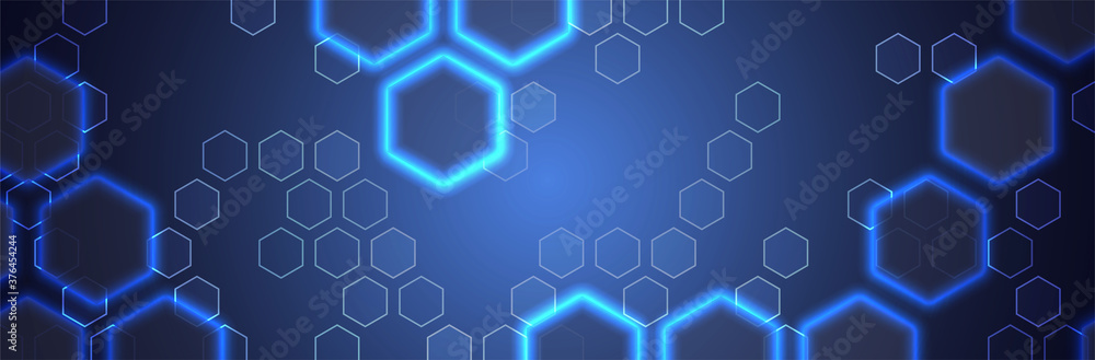 Poster abstract futuristic background. wide hexagon pattern. blue backdrop. vector banner template. honeyco