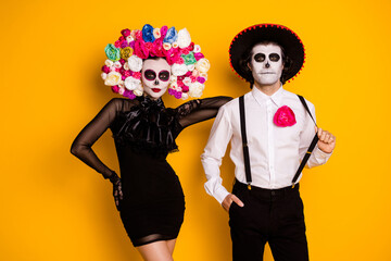 Portrait of his he her she glamorous fashionable elegant chic gorgeous trendy couple wearing...