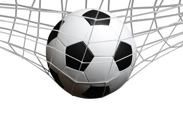 soccer ball in the net on a white