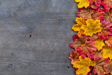 colorful autumn plastic leaves on old wooden floor background. top view. flat lay