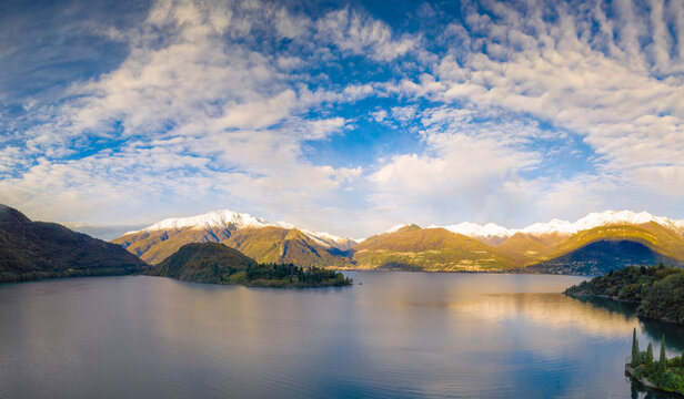 Aerial view by drone of Piona and Monti Lariani, Lake Como, Colico, Lecco province, Lombardy, Italian Lakes