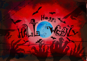 Red Halloween background. Hands monsters from the ground. Vector illustration