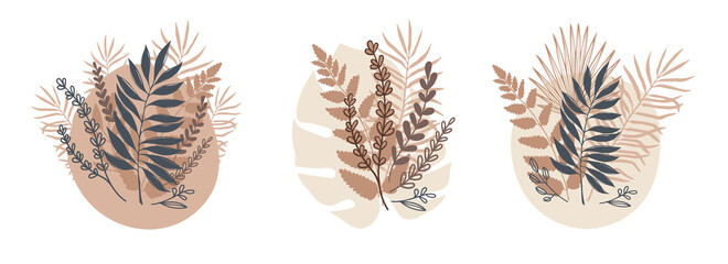 Set of abstract pastel leaves bouquet. Isolated big leaves, fern, palm, vector spot on a white background. Tropical flat design for websites, cards, invitations