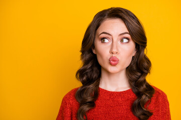 Portrait of cute lovely girl look copyspace imagine valentine day date send funny air kiss wear jumper isolated over shine color background
