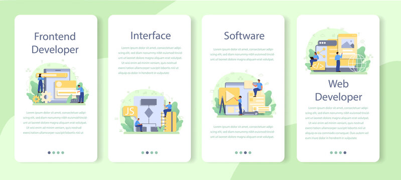 Frontend developer mobile application banner set. Website interface