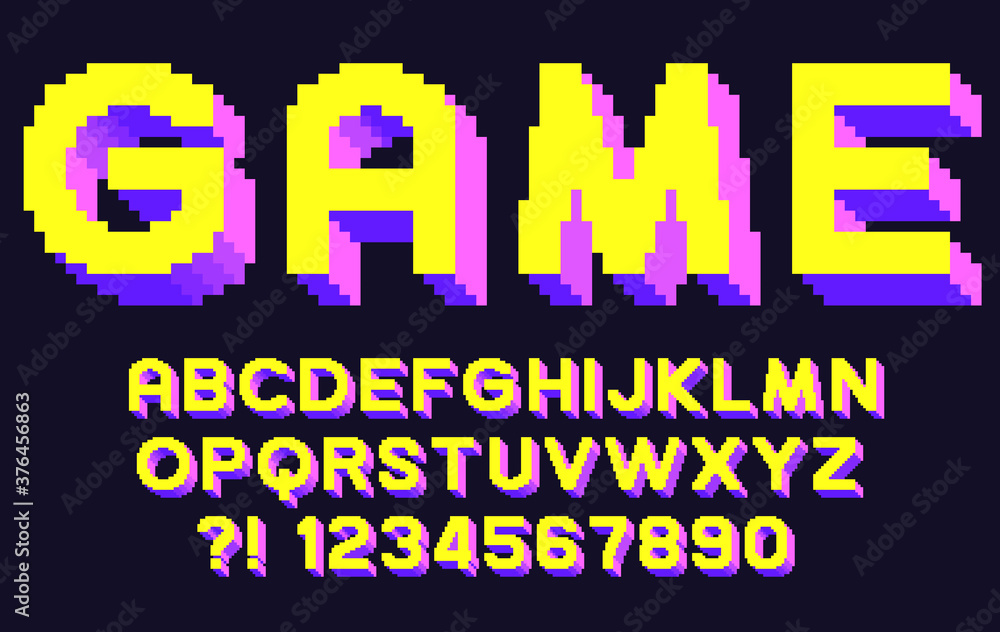 Poster Pixel 3d retro font Video computer game design 8 bit letters and numbers Vector alphabet