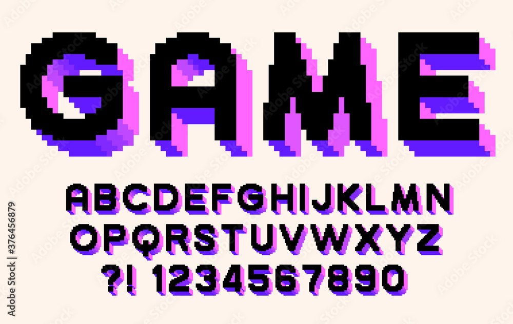 Fototapete pixel 3d retro font video computer game design 8 bit letters and numbers vector alphabet