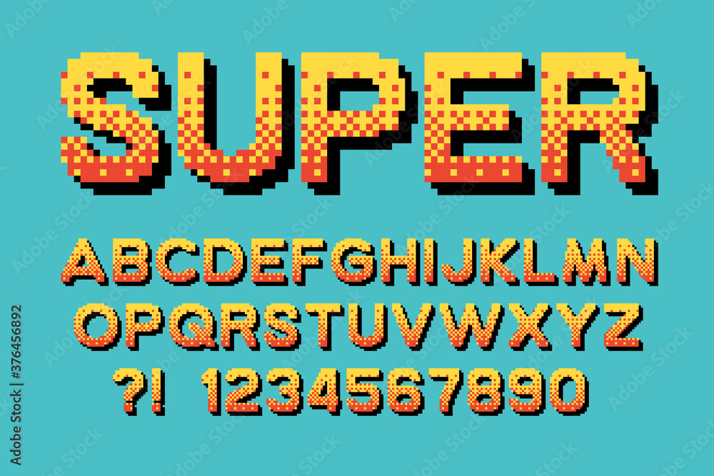 Poster Pixel retro font Video computer game design 8 bit letters and numbers Vector alphabet