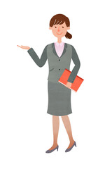 書類を持ちながら丁寧に案内をするスーツ姿の若い女性