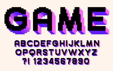 Pixel 3d retro font Video computer game design 8 bit letters and numbers Vector alphabet