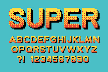 Pixel retro font Video computer game design 8 bit letters and numbers Vector alphabet