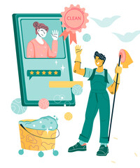 Cleaning company concept with man, company employee getting positive feedback from client for his service. Friendly smiling cleaning company staff, flat cartoon vector illustration.