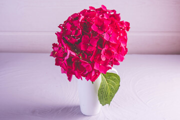 mug with a branch of pink hydrangea on a light background