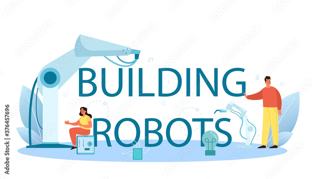 Poster building robots typographic header. robotic engineering and constructing