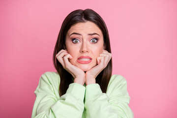 Portrait of frustrated afraid girl hear terrible horrible coronavirus pandemic novelty impressed...