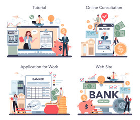 Banker or banking online service or platform set. Idea of finance