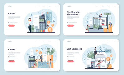 Cashier web banner or landing page set. Worker behind the cashier