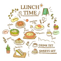 線画カフェメニュー素材　ランチタイムver