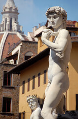 Fototapeta premium the face of the David by Michelangelo from Piazza della Signoria and in the background the dome of the Duomo by Filippo Brunelleschi 