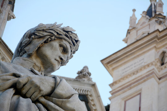 The statue of Dante Alighieri, author of the Divine Comedy, in front of the Basilica of Santa Croce in the heart of Florence.
