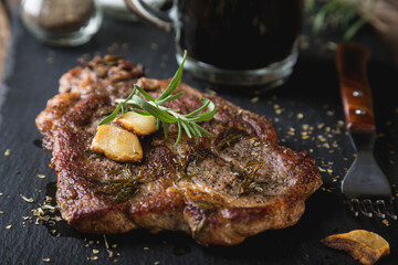 Fried steak with dark beer
