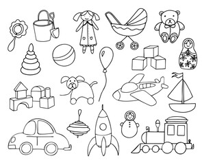 Toys collection isolated on white background. Set of toys for kids. Vector hand drawn illustration