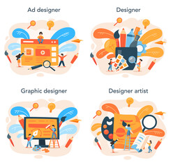 Advert designer or illustrator concept set. Artist creating modern