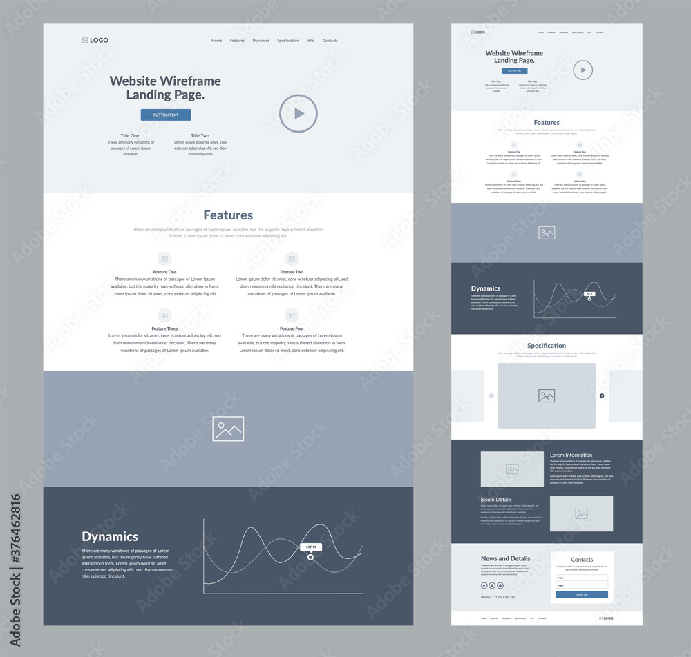 Poster website landing page design for business. one page site wireframe layout template. modern flat ux/ui