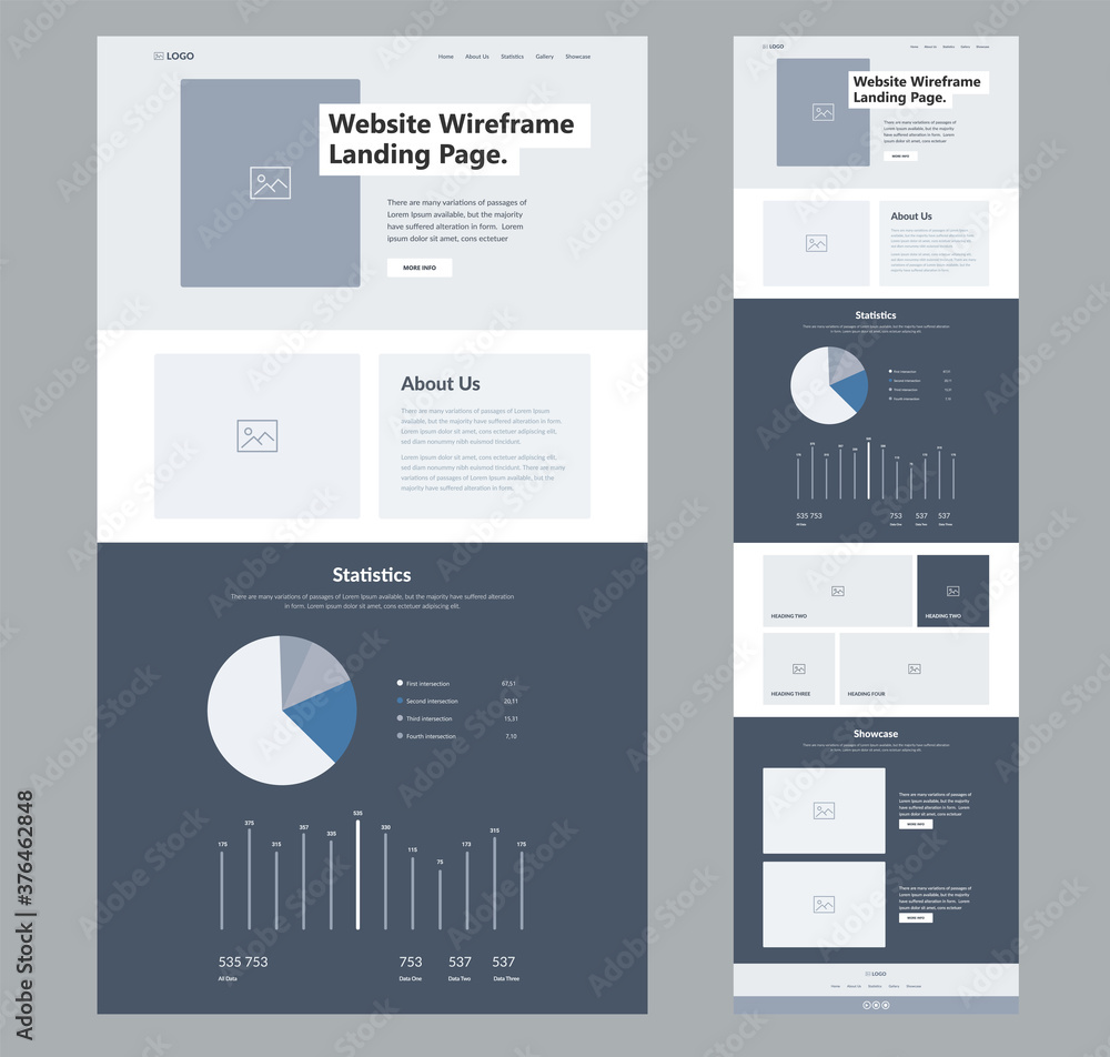 Poster website landing page design for business. one page site wireframe layout template. modern flat ux/ui