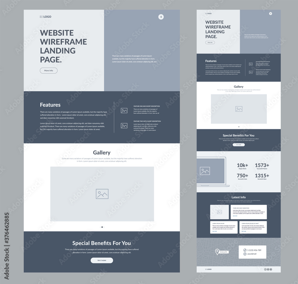 Poster website landing page design for business. one page site wireframe layout template. modern flat ux/ui