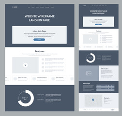 Website landing page design for business. One page site wireframe layout template. Modern flat UX/UI site development. Responsive web page design concept.