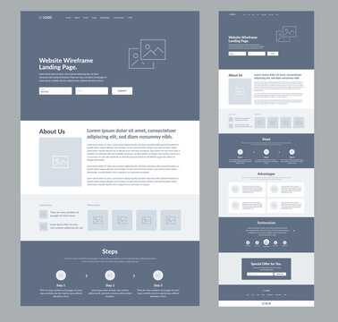 Website landing page design for business. One page site wireframe layout template. Modern flat UX/UI site development. Responsive web page design concept.