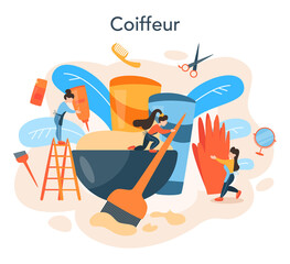 Hairdresser concept. Idea of hair care in salon. Scissors and brush,