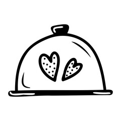 Obraz premium Hand drawn serving tray with lid on a white isolated background. Elements of kitchen utensils. Doodle, simple outline illustration. It can be used for decoration of textile, paper and other surfaces.