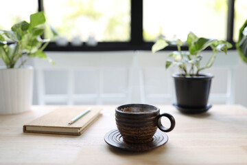 sugar palm cup an plant on wooden table with notebbok and pencil interior house decor