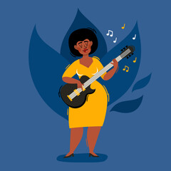 Vector cartoon illustration of african jazz musician on bass guitar