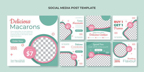 Macaron social media post template. Food square banner for cake shop