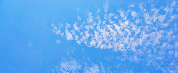 Fototapeta na wymiar Panoramic background of a blue sky with white spots from clouds.