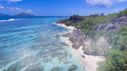 Obraz premium Amazing beach of Anse Source Argent in La Digue, Seychelles from drone