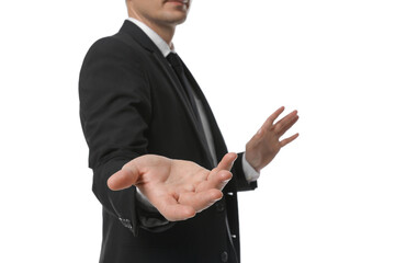 Businessman holding something on white background, closeup