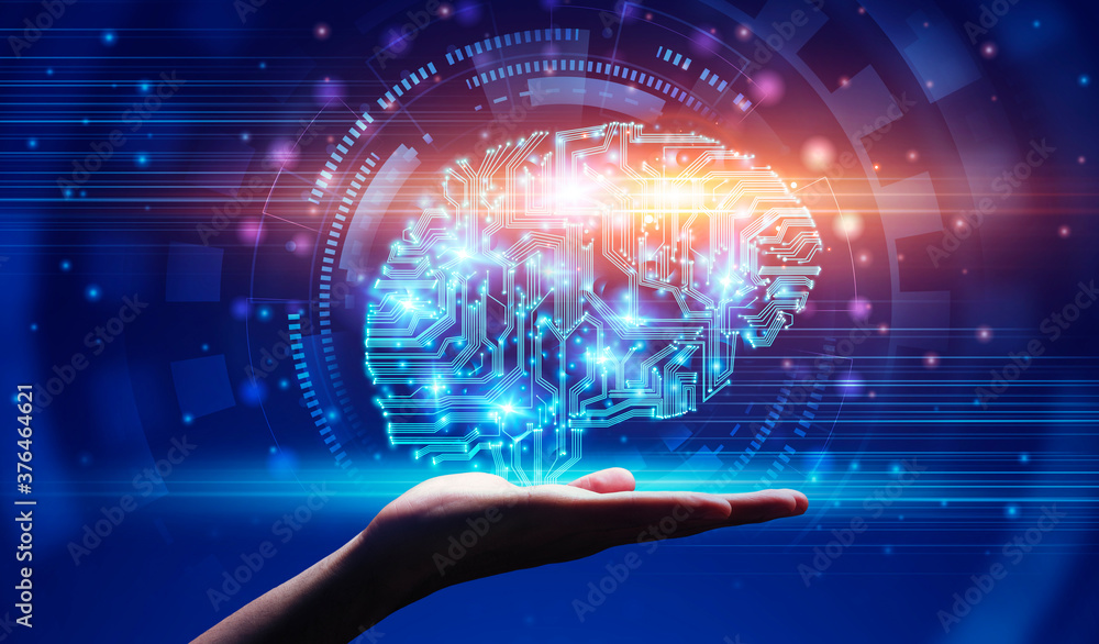 Poster Modern Technologies And AI. Hand demonstrating digital brain hologram in circuit style